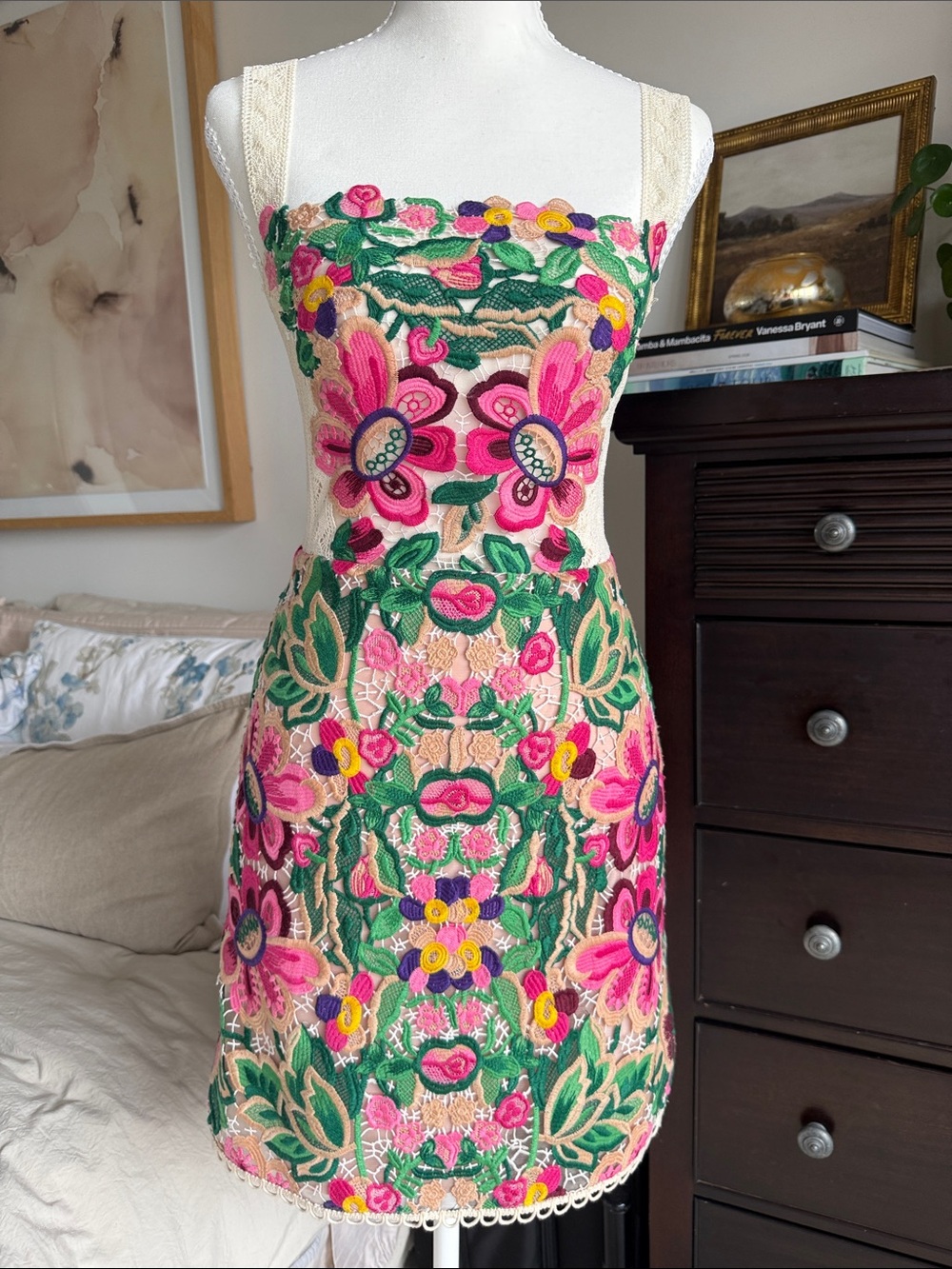Embroidered Floral Mini Dress in Pink & Green